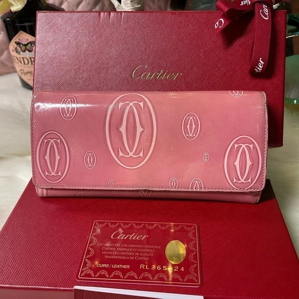 CARTIER MUST DE CARTIER HAPPY BIRTHDAY PINK PATENT LEATHER WALLET AUTHENTIC
